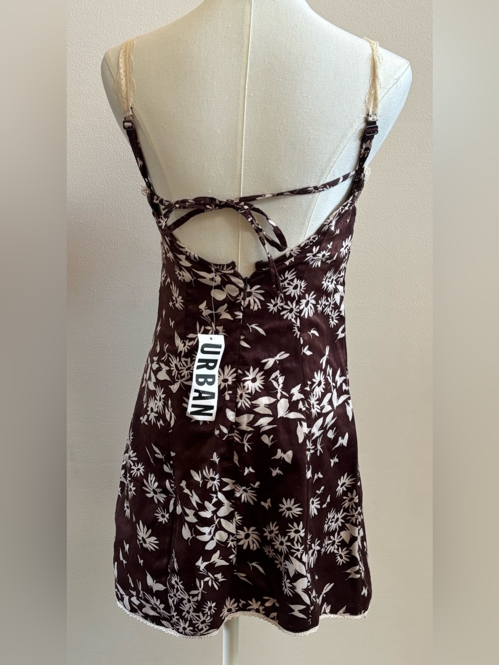Urban Outfitters NWT Brown Floral Lace Trim Slip Mini Dress Small Cottagecore - Picture 4 of 9